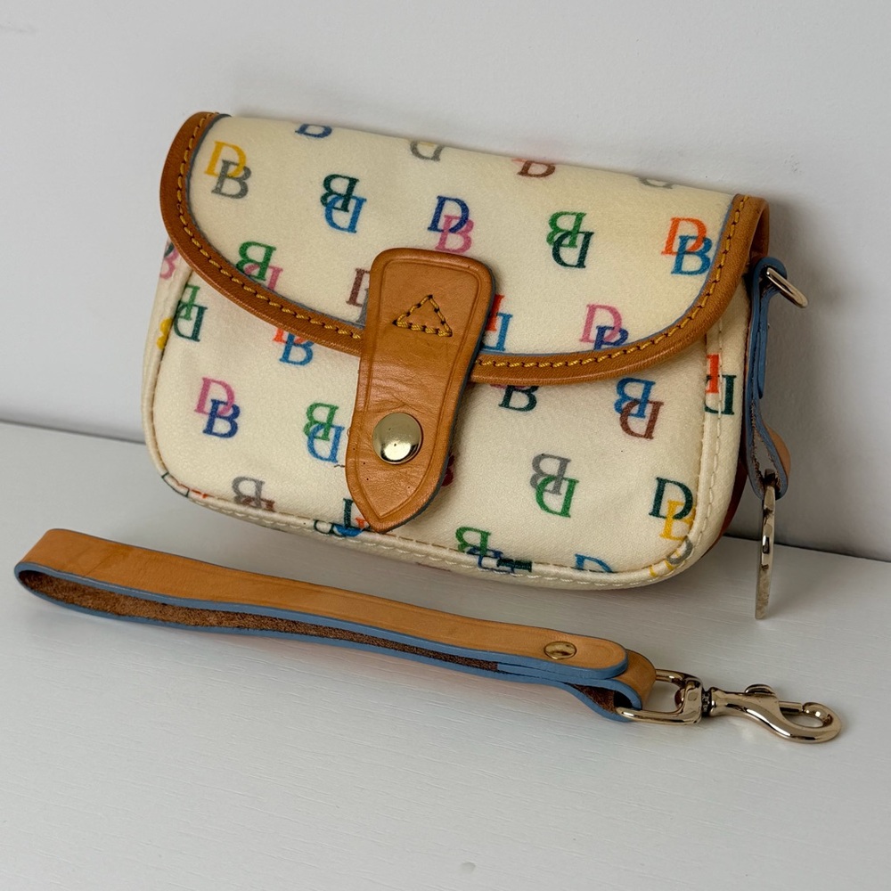 Dooney & Bourke Cream Multicolor DB Logo Wristlet with Tan Trim